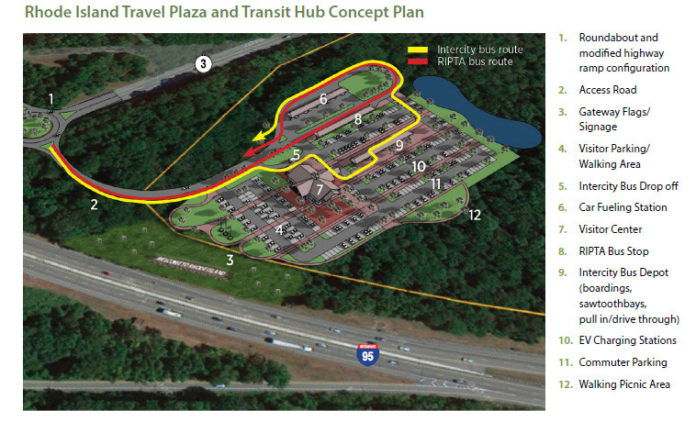 A CONCEPTUAL RENDERING of the travel plaza that the state wanted to build at Exit 1 on Interstate 95 in Hopkinton. R.I. Department of Transportation Director Peter Alviti Jr. said the state will not pursue the project.  / COURTESY R.I. DEPARTMENT OF TRANSPORTATION