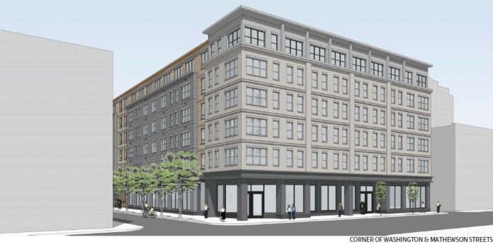 A NEW BUILDING, called 78 Fountain, covering a full city block could help fill in downtown Providence, bringing with it the potential for an urban grocery market, under a plan pursued by Providence-based Cornish Associates and Burlington, Mass.-based Nordblom Co. The Cornish-Nordblom project would occupy the block bound by Fountain, Mathewson, Clemence and Washington streets. This rendering shows the completed building in proportion to its neighbors. / COURTESY CUBE3