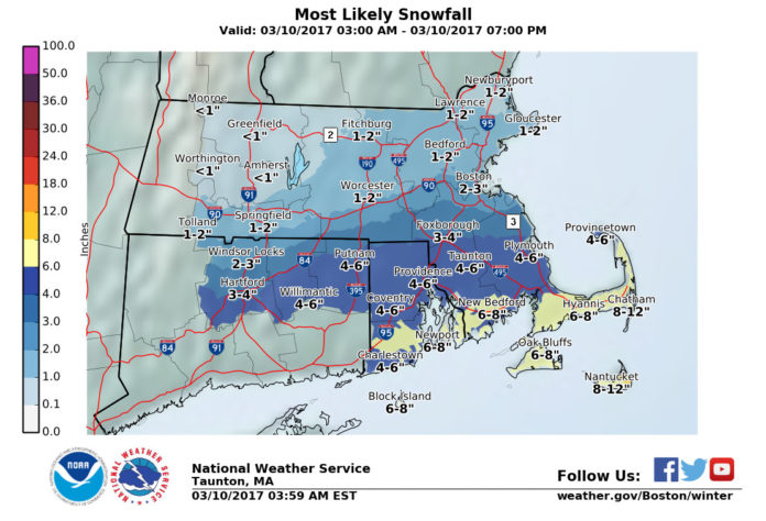 THE NATIONAL WEATHER SERVICE said the Southern Coast of Rhode Island will receive the most snow in Friday's storm. / COURTESY NATIONAL WEATHER SERVICE