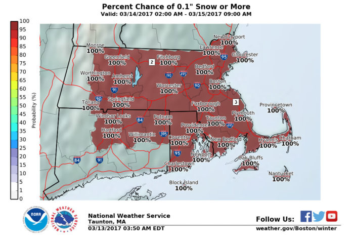 THE NATIONAL WEATHER SERVICE said snow will start falling around 4 or 5 a.m. / COURTESY NATIONAL WEATHER SERVICE