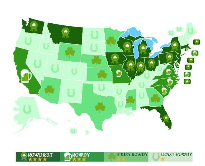 RHODE ISLAND is a "rowdy" place to celebrate St. Patrick's Day, according to CandyStore.com. / COURTESY CANDYSTORE.COM