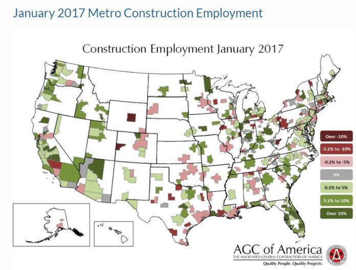 THE PROVIDENCE-Warwick-Fall River metropolitan area ranked 52nd highest out of 358 metro areas for its 8 percent construction employment gain over the year in January, the Associated General Contractors of America said Friday. / COURTESY ASSOCIATED GENERAL CONTRACTORS OF AMERICA
