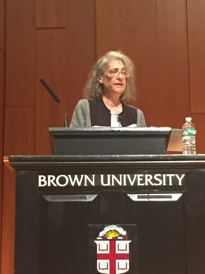 ELYN SAKS, a MacArthur Fellowship recipient, law professor and individual with schizophrenia, speaks at Brown University for Brain Week Rhode Island. / PBN PHOTO/NANCY KIRSCH