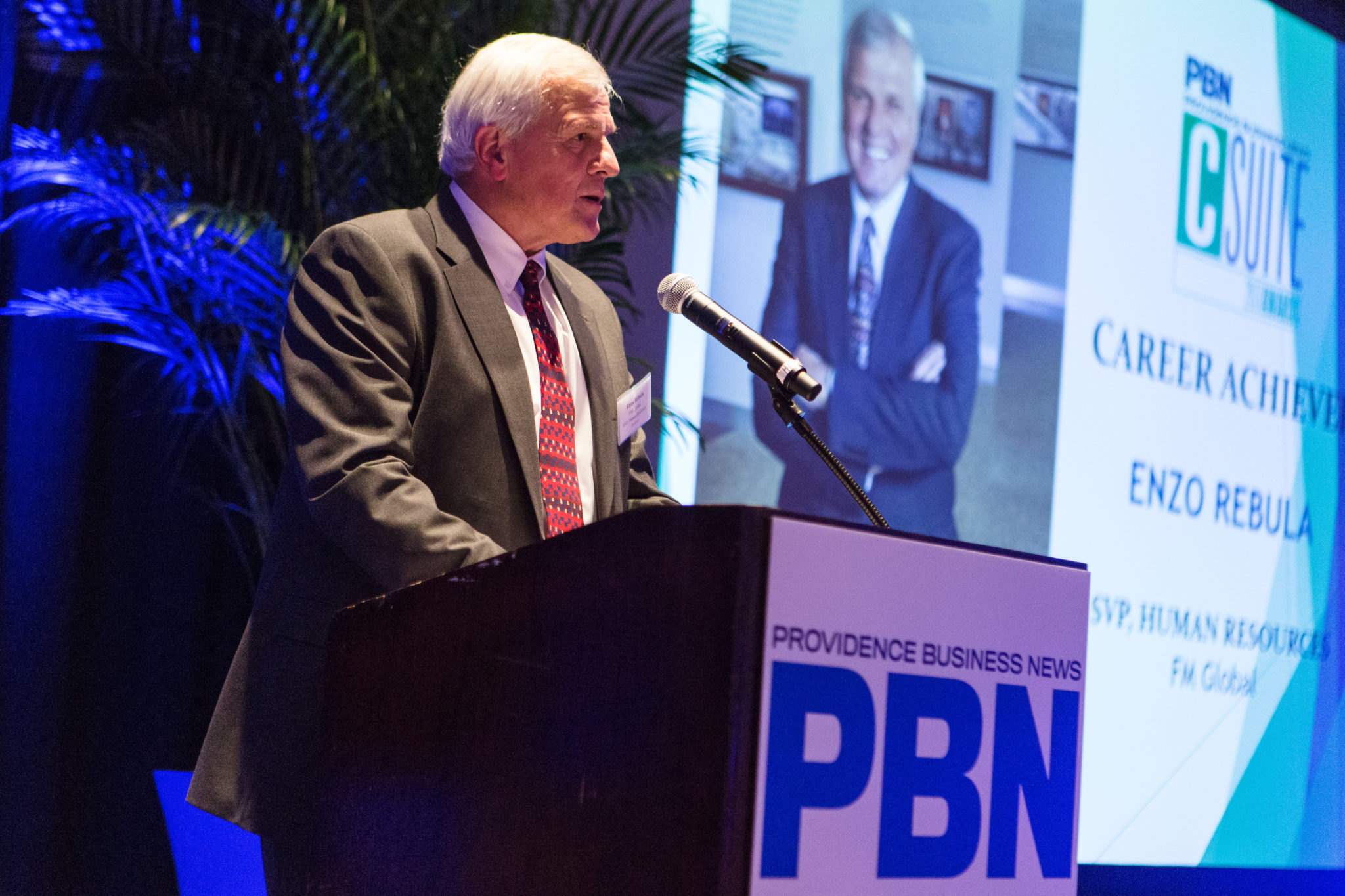 THE CAREER ACHIEVER honoree for the 2017 C-Suite Awards program, Enzo Rebula, addresses the crowd at the Omni Providence Hotel Thursday.