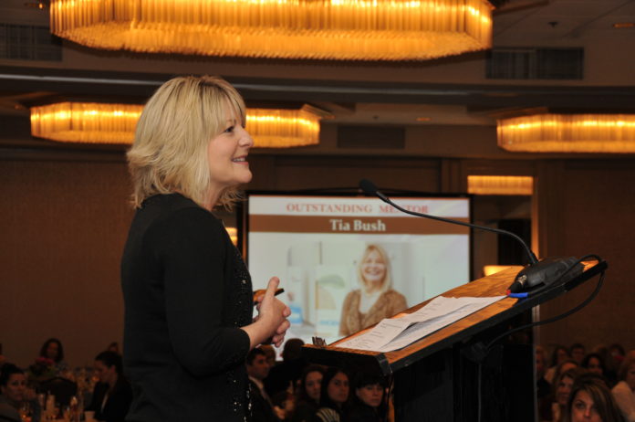 TIA BUSH, vice president for site operations for Amgen Rhode Island and Outstanding Mentor for PBN's 2017 Business Women Awards program, spoke at Thursday's luncheon celebration about the value that she has gained from people mentoring her and how she tries to do the same for others as a result.