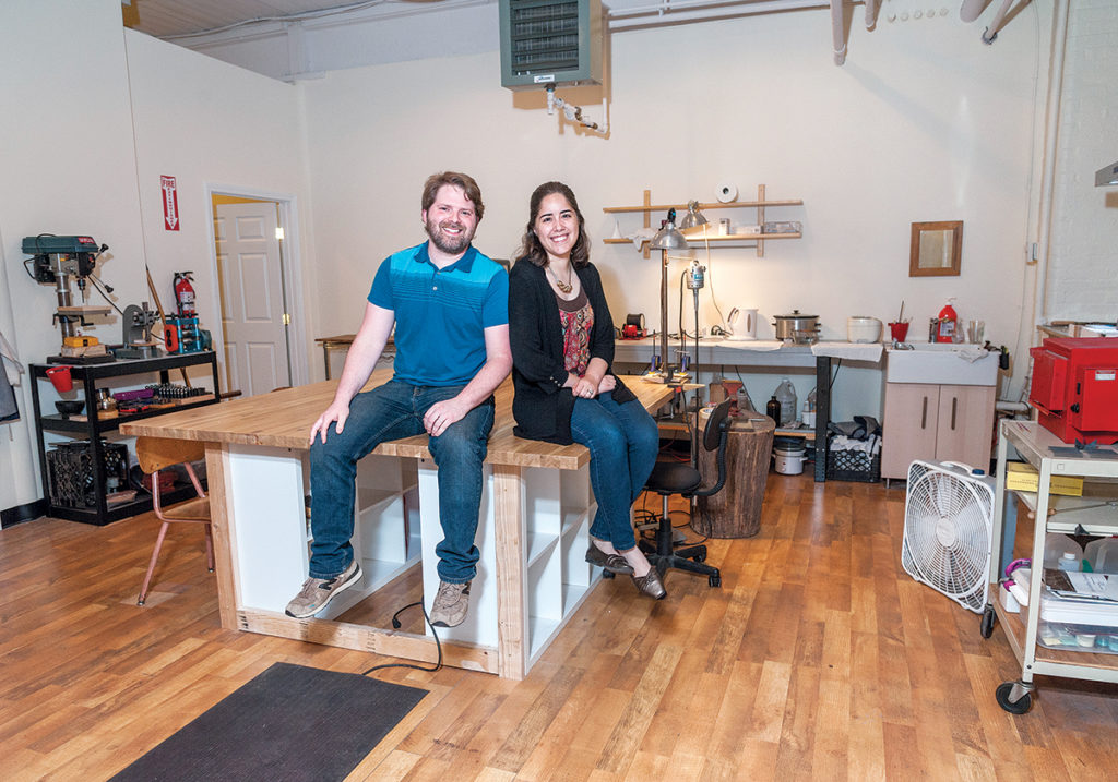 SPACE AVAILABLE: Patrick McMillan, co-owner of The Bench, a new shared workspace for jewelers, in Pawtucket. He opened in March with his wife, Stephanie Castilla, and has a few tenants but also a few open spaces, as he gets the word out to schools and jewelers looking for rentable space. / PBN PHOTO/MICHAEL SALERNO