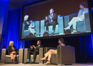 LAURIE WHITE (left to right), president of the Greater Providence Chamber of Commerce, interviews Joe Gebbia, Aribnb cofounder, and Gov. Gina M. Raimondo. COURTESY GREATER PROVIDENCE CHAMBER OF COMMERCE/ CONSTANCE BROWN