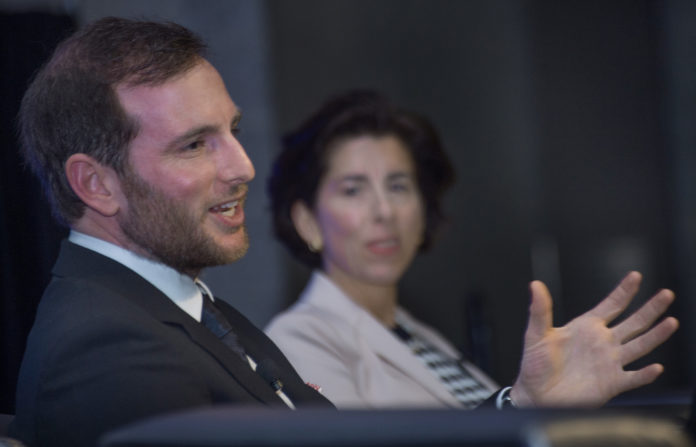 JOE GEBBIA (left), cofounder and chief product officer at Airbnb, talks with Gov. Gina M. Raimondo at the Greater Providence Chamber of Commerce 2017 annual luncheon. COURTESY GREATER PROVIDENCE CHAMBER OF COMMERCE/ CONSTANCE BROWN