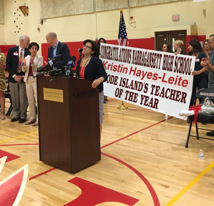 THE 2018 TEACHER OF THE YEAR award was given Kristin Hayes-Leite, right, by Gov. Gina M. Raimondo, left, Thursday morning. / COURTESY RHODE ISLAND DEPARTMENT OF EDUCATION THE 2018 TEACHER OF THE YEAR award was given Kristin Hayes-Leite, right, by Gov. Gina M. Raimondo, left, Thursday morning. / COURTESY RHODE ISLAND DEPARTMENT OF EDUCATION