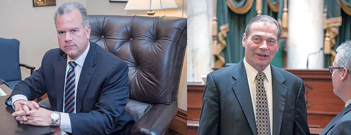 COME ON GUYS: House Speaker Nicholas A. Mattiello, left, and Senate President Dominick J. Ruggerio seem to have made a power struggle between the two General Assembly chambers take precedence over passing the state’s fiscal 2018 budget. / PBN FILE PHOTOS/­MICHAEL SALERNO
