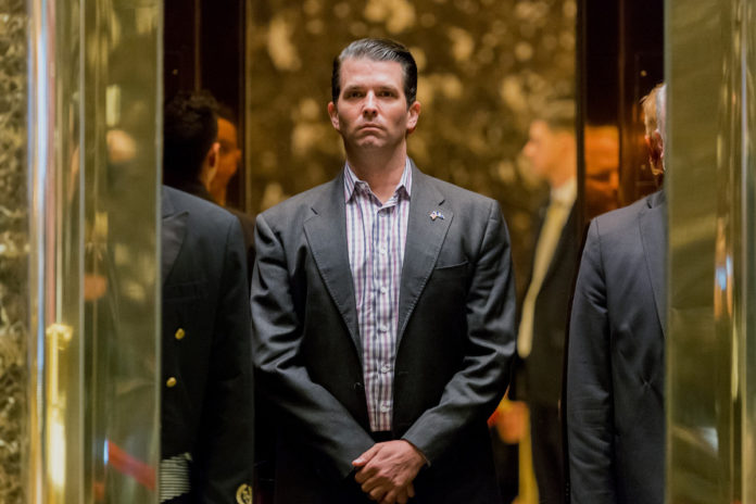 DONALD TRUMP JR., son of U.S. President Donald Trump, stands in an elevator at Trump Tower in New York. / BLOOMBERG FILE PHOTO/ALBIN LOHR-JONES