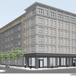 A RENDERING OF a new building planned for downtown Providence, called 78 Fountain, shows the completed building in proportion to its neighbors. A partnership between Providence-based Cornish Associates and Nordblom Development Co., of Burlington, Mass., which is pursuing the project, is seeking a 20-year tax stabilization agreement from the Providence City Council. /COURTESY CUBE3