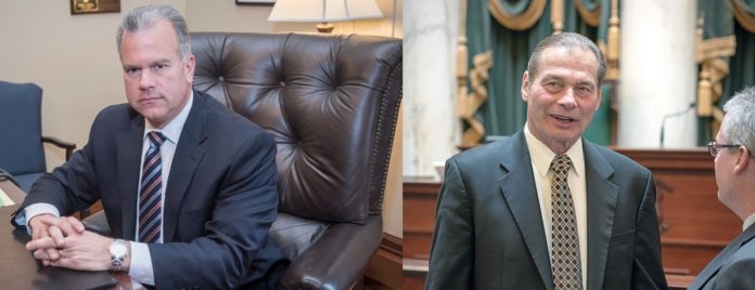 ON THE FINAL DAY of the legislative sessions for both the House and the Senate in fiscal 2017, the R.I. General Assembly failed to agree on a state budget. Above left, House Speaker Nicholas A. Mattiello, right, Dominick J. Ruggerio.