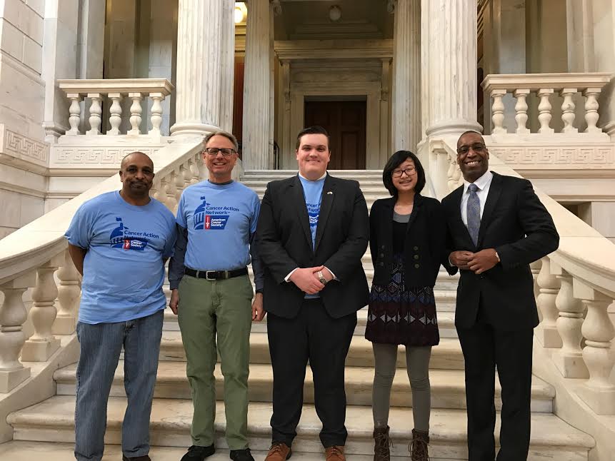 AMERICAN CANCER SOCIETY Cancer Action Network volunteers, from left, Robert Bailey, Ted Simon, Ryan Strik, Venus Tian and Ramone Johnson attended an R.I. House Finance Committee hearing in support of increased funding for the state's tobacco-control program. /COURTESY AMERICAN CANCER SOCIETY CANCER ACTION NETWORK RHODE ISLAND