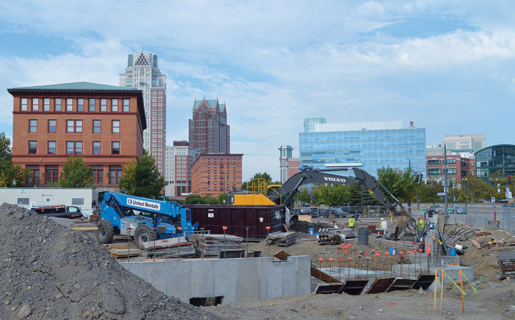 Hilton Homewood Suites Exchange Street, Providence A 120-room “all-suites hotel” is coming to Providence next November. First Bristol Corp. tasked Tocci Builders Inc. with constructing a Hilton Homewood Suites in August at the city’s triangular lot known as “Parcel 12.” The 105,000-square-foot hotel will boast oversized rooms, full kitchens and appliance packages, meeting rooms, fitness center, guest restaurant and outdoor patio area overlooking the Providence River. The $25 million project includes parking for 50 cars in an enclosed parking garage on the ground level. The project architect is ZDS Architectural Design, with engineers VHB and GZA GeoEnvironmental Inc. / PBN PHOTO/NICOLE DOTZENROD