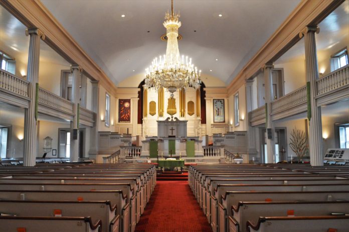 The Beneficent Congregational Church at 300 Weybosset St. in downtown Providence, built in 1810, is one of 24 locations across the city opening their doors to the public on Saturday, Sept. 23 during the Doors Open Rhode Island Festival. PBN PHOTO/NICOLE DOTZENROD