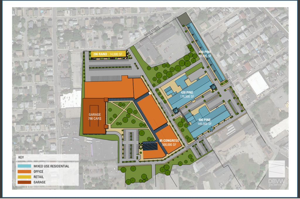 AN AERIAL PLAN of a proposed site for a Amazon headquarters in the Pawtucket Central Falls Train District. /COURTESY CENTRAL FALLS