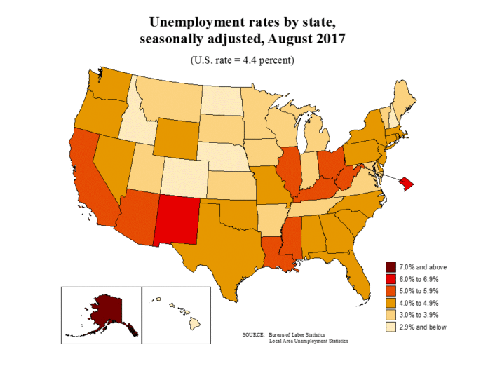 RHODE ISLAND UNEMPLOYMENT was the second highest in New England in August, but fell more percentage points than any other state in the region. / COURTESY BUREAU OF LABOR STATISTICS