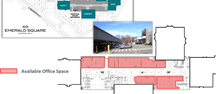 Up to 75,000-square-feet at Emerald Square mall is being converted to office space, as shown in graphic./Courtesy MG COMMERCIAL REAL ESTATE
