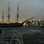 THE OLIVER HAZARD PERRY lost engine power Sunday evening impacting four vessel in the Newport Harbor. The ship is expected to be returned to Fort Adams Monday afternoon. / COURTESY U.S. COAST GUARD