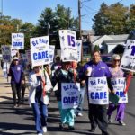 ABOUT 150 NURSING HOME workers picket outside of Pawtucket Genesis Nursing home on Oct. 17, calling for a $15-per-hour starting wage. / COURTESY DISTRICT 1199 SEIU NEW ENGLAND
