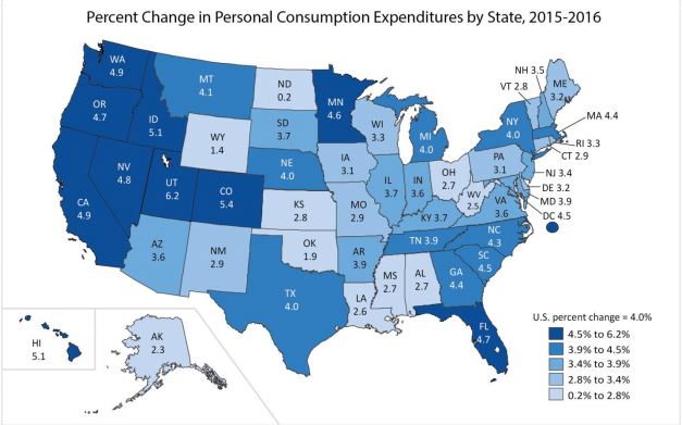 PERSONAL CONSUMPTION EXPENDITURES in Rhode Island rose 3.3 pecent in 2016. /COURTESY BUREAU OF ECONOMIC ANALYSIS PERSONAL CONSUMPTION EXPENDITURES in Rhode Island rose 3.3 pecent in 2016. /COURTESY BUREAU OF ECONOMIC ANALYSIS