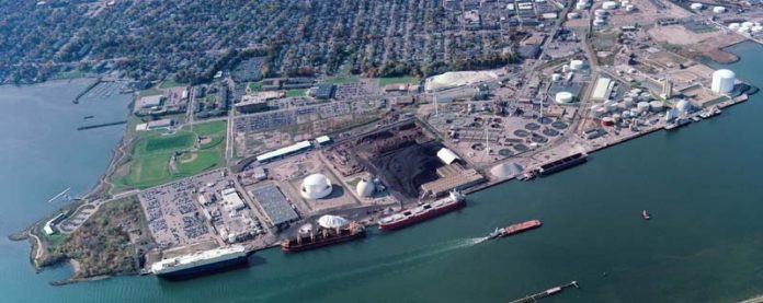 THIS AERIAL PHOTOGRAPH shows ProvPort, with Save The Bay located south of the property, and Johnson & Wales University Harbor Campus located to the southwest. A new $22 million cement-terminal facility was recently built on the site to accept cement shipments. / COURTESY PROVPORT