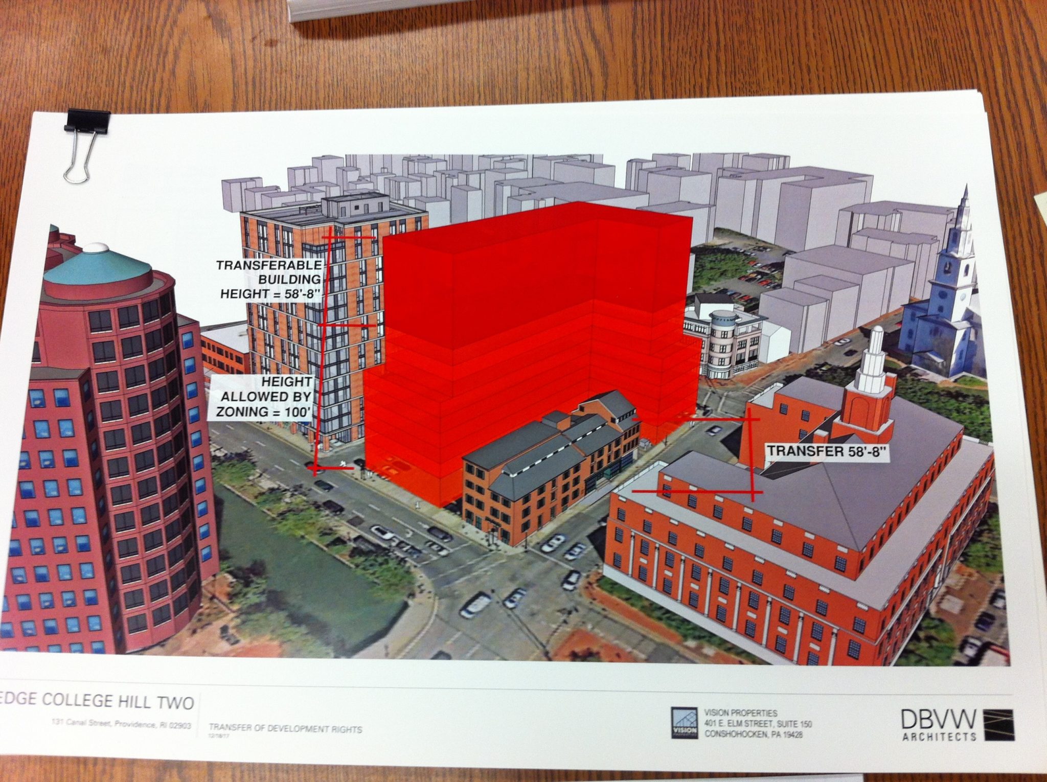 A PHOTO OF a rendering by DBVW Architects, the proposed building is shown in red. The building to its left is the Edge College Hill building now under construction. The historical building on the site is at right. /PBN FILE PHOTO/MARY MACDONALD