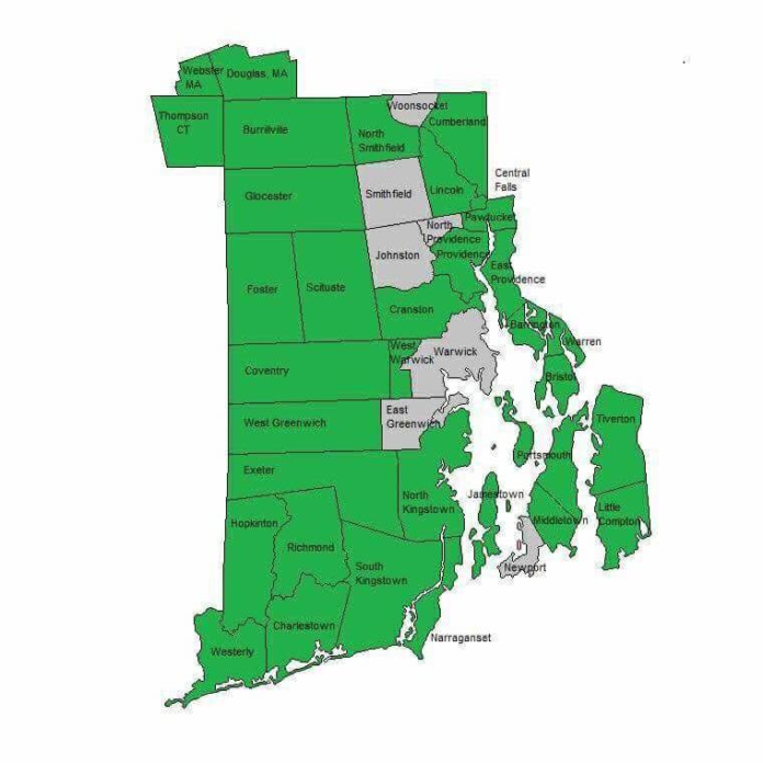 THIRTY-TWO RHODE ISLAND municipalities (in green) have called on Gov. Gina M. Raimondo to become more involved in debate of a proposed gas-fired power plant in Burrillville. Two municipalities in Massachusetts and one in Connecticut, which neighbor Burrillville, also oppose the project. / COURTESY TOWN OF BURRILLVILLE