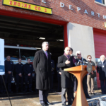 AT THE PODIUM, Mayor Jorge Elorza helps announce the launch of 12 'safe stations' for addiction referral in Providence fire stations. To his left, Providence Public Safety Commissioner Steven Pare. / COURTESY OFFICE OF THE MAYOR OF PROVIDENCE