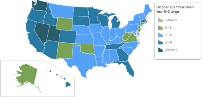 THE RHODE ISLAND HPI increased 7.5 percent year over year in October, the most in New England. / COURTESY CORELOGIC THE RHODE ISLAND HPI increased 7.5 percent year over year in October, the most in New England. / COURTESY CORELOGIC