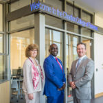 PICTURED IN THE University of Massachusetts Dartmouth’s new Charlton College of Business Learning Pavilion to commemorate the $100,000 gift from Mechanics Cooperative Bank are, from left: Kathryn Carter, dean of the Charlton College of Business; Robert E. Johnson, chancellor of UMass Dartmouth; and Joseph T. Baptista Jr., president and CEO of Mechanics Cooperative Bank, which committed $100,000 in support of the new space and the university as a whole. / COURTESY MECHANICS COOPERATIVE BANK
