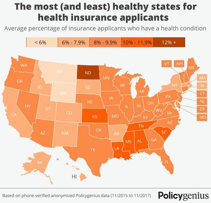 RHODE ISLAND WAS ranked the No. 8 healthiest state in the nation in a survey of life insurance applicants by online insurance marketplace Policygenius. / COURTESY POLICYGENIUS