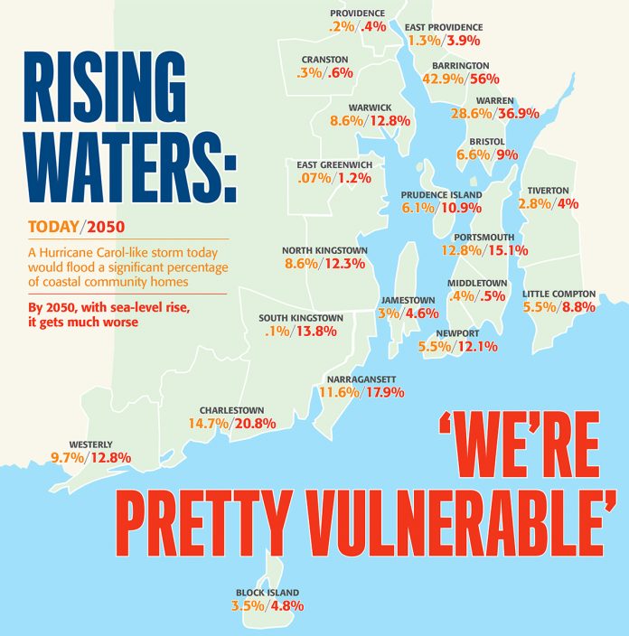 STORM SURGE: By 2065, a 100-year storm surge would damage approximately 13,736 homes in Warwick, Barrington, Narragansett, South Kingstown and North Kingstown, representing more than half of all homes in Rhode Island’s 21 coastal communities, according to the R.I. Coastal Resources Management Council. / COURTESY R.I. COASTAL RESOURCES MANAGEMENT COUNCIL