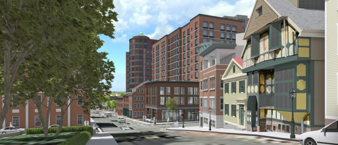 The revised design for the second phase of the Edge College Hill apartment building would pull the structure off the street and allow a greater view of the historical Congdon & Carpenter Building./DBVW Architects.