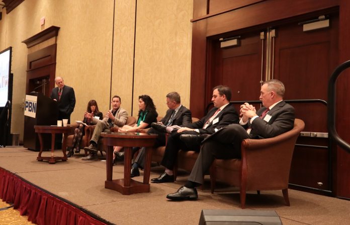 THE PANEL at the inaugural PBN Workforce Development Summit. From left to right, Mark S. Murphy, Lisa Abbott, Damian Ewens, Miellette McFarlane, Tim Hebert, Matthew Reeber and Douglas Sherman. / PBN PHOTO/ PAMELA BHATIA