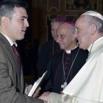 Salve Regina professor meets pope MIGUEL ROMERO, assistant professor of religious and theological studies at Salve Regina University in Newport, meets Pope Francis during a visit to Vatican City to present research. / COURTESY SALVE REGINA UNIVERSITY