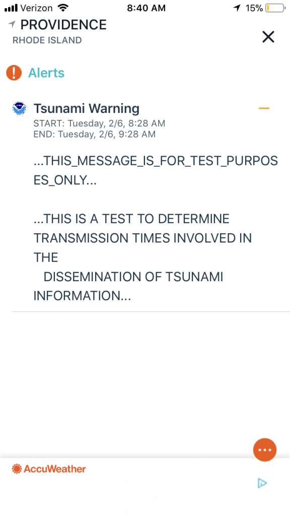 AccuWeather Inc. sent out a push notification at 8:30 a.m. citing a tsunami warning./ PBN PHOTO/ ELI SHERMAN