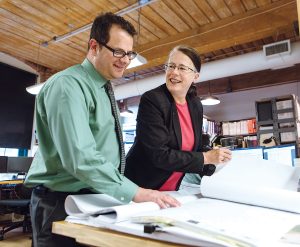 POSITIVE TRENDS: Barbara Thornton and Nathaniel Ginsburg are both partners at Brewster Thornton Group Architects in Providence. Thornton says the firm hasn’t had to lay anyone off since the fall of 2007 and hasn’t seen the level of activity it’s currently experiencing in a long time. / PBN FILE PHOTO/RUPERT WHITELEY