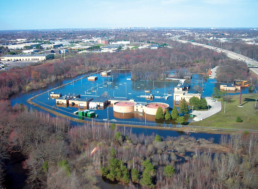 Much of the Warwick wastewater-treatment facility is still underwater a week after the late March rain storms in 2010. / COURTESY R.I. AIRPORT CORP.