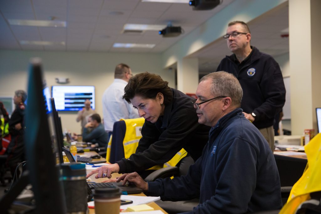 GOV. GINA M. RAIMONDO visited the R.I. Emergency Management Agency Tuesday afternoon to understand and direct the state's efforts to deal with the nor'easter that is battering the Ocean State. / COURTESY THE OFFICE OF THE GOVERNOR