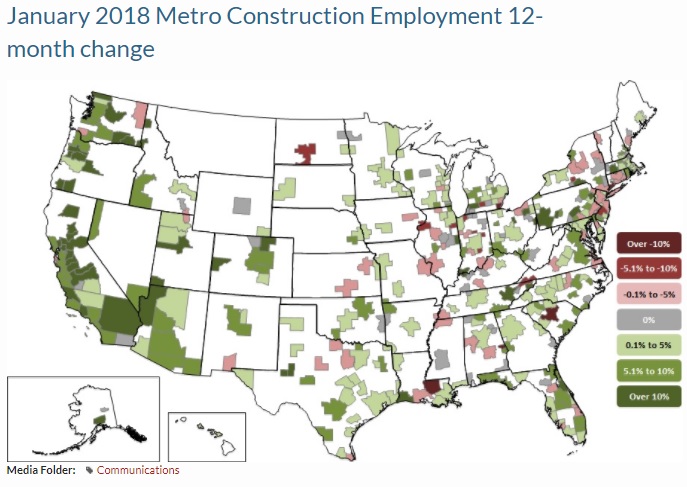 THE PROVIDENCE-WARWICK-FALL RIVER metro area saw a 6 percent increase in construction jobs from January 2017 to January 2018, placing it No. 110 among 358 metro areas for growth. / COURTESY ASSOCIATED GENERAL CONTRACTORS OF AMERICA