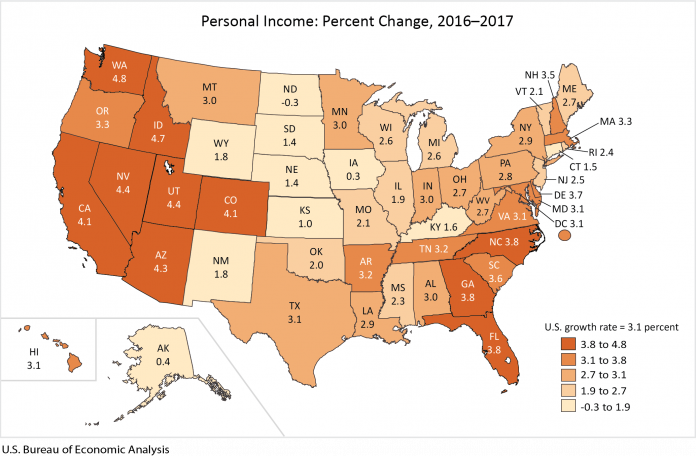 THE TOTAL PERSONAL income earned in Rhode island increased 2.4 percent in 2017 year over year to $53.3 billion. / COURTESY BUREAU OF ECONOMIC ANALYSIS