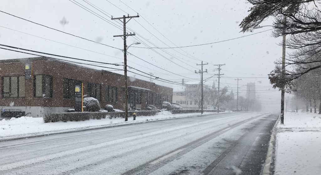 CALLS TO STAY OFF THE ROADS during the storm seem to have been heeded, as this photo of Elmwood Avenue in Cranston at 10 a.m. shows. / COURTESY JAMES RUDOLPH