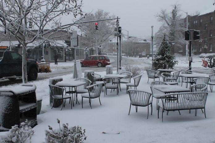TUESDAY'S NOR'EASTER FORCED L'Artisan Cafe patrons inside at the Wayland Square eatery in Providence. / PBN PHOTO/MARY MACDONALD