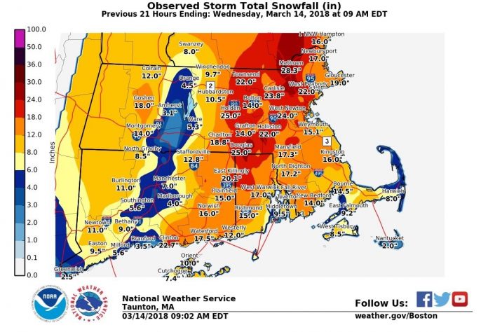 THE MAJORITY OF the New England region was blanketed with at least 1 foot of snow from Tuesday’s nor’easter, with some communities in Rhode Island receiving more than 20 inches. / COURTESY NATIONAL WEATHER SERVICE