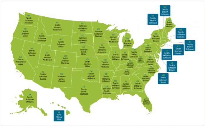 Surnames_032118 THE MOST COMMON SURNAMES in Rhode Island are Smith, Brown and Johnson. All New England states, besides Massachusetts, share these common last names. / COURTESY ANCESTRY.COM