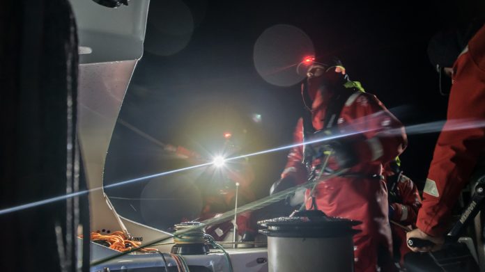 VESTAS 11TH HOUR RACING SUFFERED a dismasting during Leg 7 of the Volvo Ocean Race between Auckland, New Zealand, and Itajai, Brazil. The crew is unharmed. Above, Mark Towill of Vestas 11th Hour Racing on day 12 of the current leg of the race. / COURTESY VOLVO OCEAN RACE