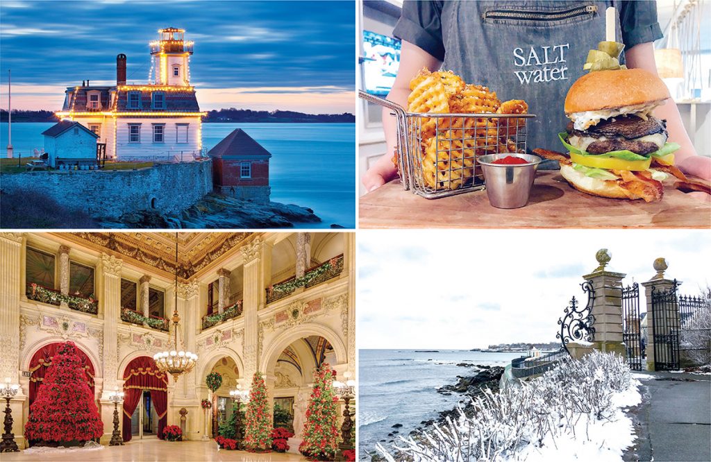 NEWPORT ATTRACTIONS: Clockwise from top left: The sun sets on Rose Island Lighthouse, which is lit up for the holidays; a sample of the mega truffle mushroom burger and waffle fries at Saltwater at Newport Harbor Hotel; a winter view from the Newport Cliff Walk; and Great Hall at The Breakers decorated for Christmas. / COURTESY DISCOVER NEWPORT & PRESERVATION SOCIETY OF ­NEWPORT COUNTY