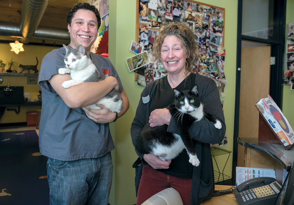 CAT CLINIC: Cathy Lund, right, is the owner of City Kitty, a newly constructed vet clinic focused on cats located on Hope Street in Providence. Lund is holding Stanley, a short-haired domestic, while vet tech Chris Profit holds Walter, also a short-haired domestic.  / PBN PHOTO/MICHAEL SALERNO